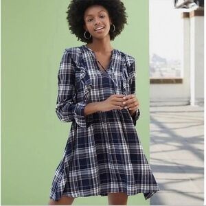 NWT Ann Taylor LOFT Dress Plaid Long Sleeve Blue Pink Ruffle V Tie Neckline